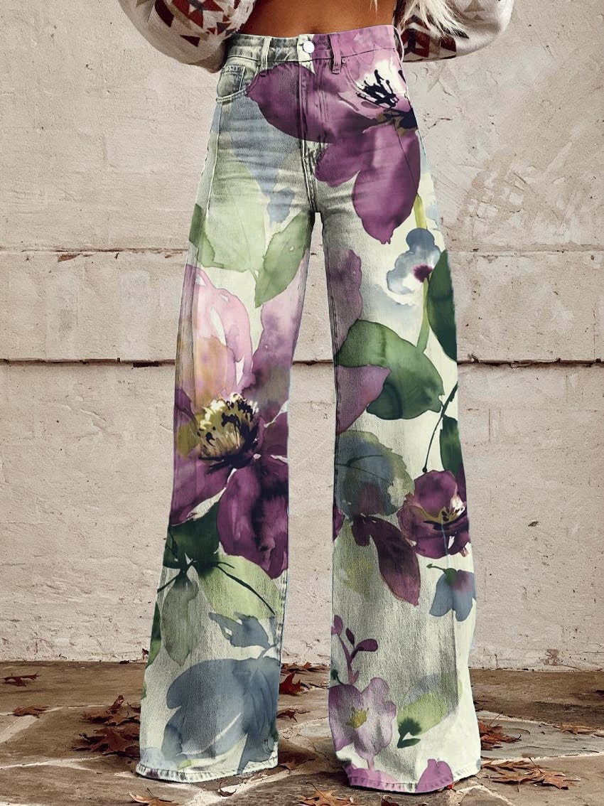 Beatrice | Pantalon Évasé à Motif Fleuri Botanique Vintage